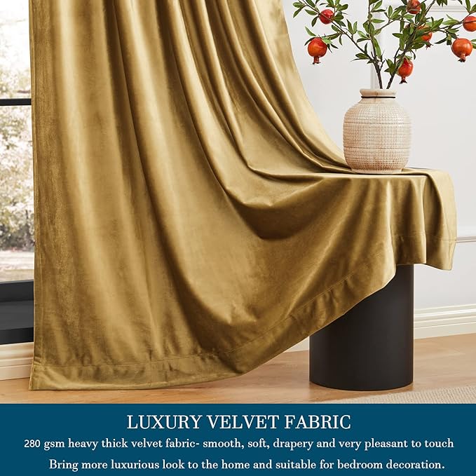 PRIMROSE Golden Velvet Curtains 84 inch Long for Living Room,Set of 2 Panels Blackout Rod Pocket Back Tab Window Treatment Room Darkening Heavy Decorative Curtains Drapes for Bedroom
