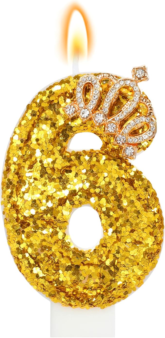 Gold Birthday Candle Crown Number 6 Candle with Sequins Cake Candles Cupcake Decorations Party Decor for Anniversary Celebrations Supplies
