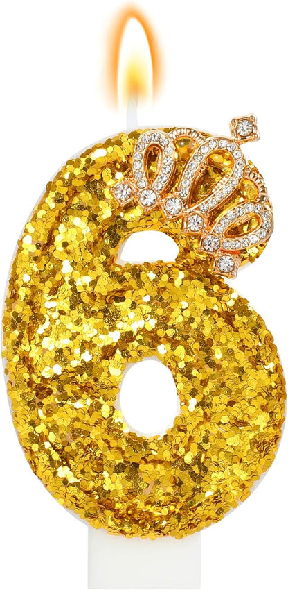 Gold Birthday Candle Crown Number 6 Candle with Sequins Cake Candles Cupcake Decorations Party Decor for Anniversary Celebrations Supplies