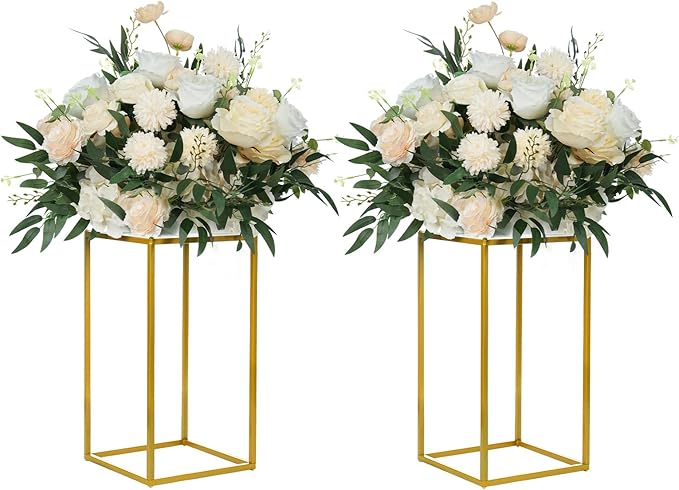 YALLOVE 2 Pack 15.75 Inch Gold Wedding Flower Stand Metal Vase Column Stand Geometric Centerpiece Vase for Home Party Wedding Decorations, Rectangular Flower Display Rack