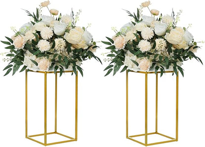 YALLOVE 2 Pack 15.75 Inch Gold Wedding Flower Stand Metal Vase Column Stand Geometric Centerpiece Vase for Home Party Wedding Decorations, Rectangular Flower Display Rack