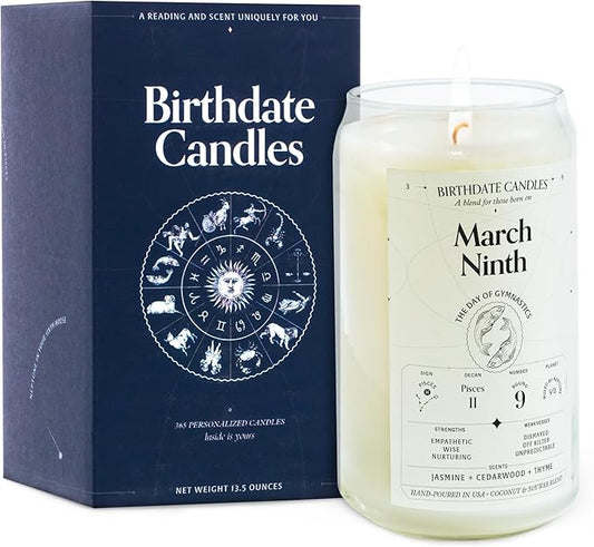 Birthdate Candles, March 9 - Pisces Zodiac Scented Candles Birthday Gift - Jasmine, Cedarwood & Thyme Scent - All-Natural Soy & Coconut Wax, 60-80 Hour Burn Time - Made in USA