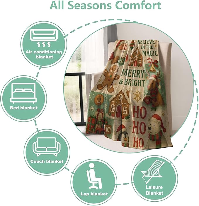 Christmas Throw Blanket Gifts for Boys Girls Kids Adults, Santa Reindeer Gingerbread Flannel Blankets for Travel Sofa Living Room Decor 40"x50"