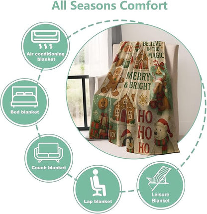 Christmas Throw Blanket Gifts for Boys Girls Kids Adults, Santa Reindeer Gingerbread Flannel Blankets for Travel Sofa Living Room Decor 50"X60"