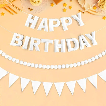 CANREVEL Pre-Strung 3D Happy Birthday Banner, 3 PCS White Happy Felt Garland, Pom Pom Garland, Triangle Fabric Bunting, Reusable White Birthday Decorations