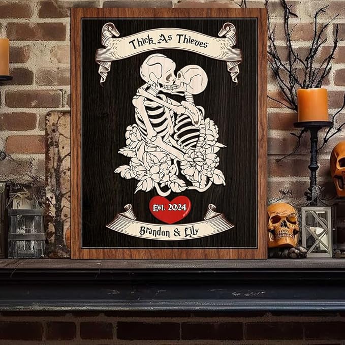 Personalized Couple Skeleton Wooden Sign, Ghost Couple Gift, Halloween Skeletons Wedding Frame Sign, Gothic Decor Sign, Wood Sign Valentine Birthday Gifts for Him Her Boyfriend Bridal Party a11
