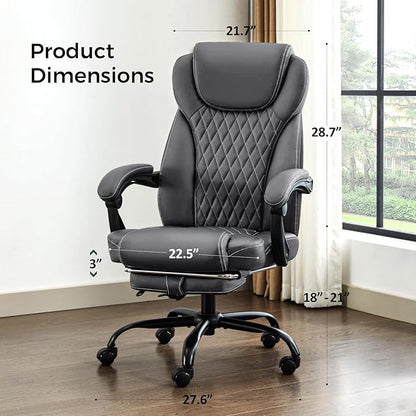 Office Chair, Big and Tall Office Chair with Foot Rest Ergonomic Chair Home Office Desk Chairs Reclining High Back Leather Chair with Lumbar Support(Gray)