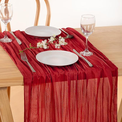 MLMC Red Table Runner 10ft Boho Gauze Cheesecloth Table Runner Rustic Cheese Cloth Decor 35x120 Inches for Wedding Reception Home Winter Christmas Valentine's Day Decor