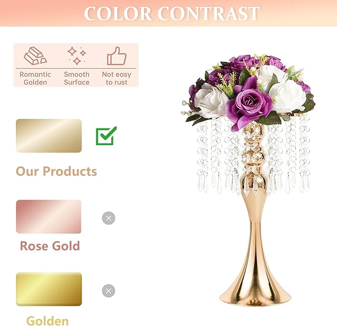 Wedding Centerpieces for Tables, 12.99in Metal Gold Vases for Centerpieces, 2PcsTall Crystal Flower Stand for Centerpiece Table Wedding Party Reception Home Decor