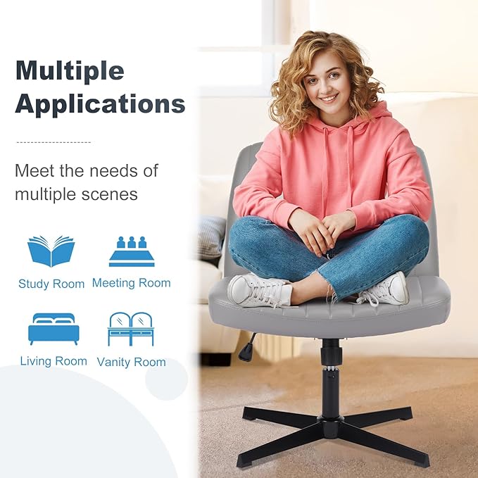 OLIXIS Criss Cross Legged Chairs Armless No Wheels Wide Seat Height Adjustable Swivel Padded PU Leather Home Office Desk Chair for Bedroom, Student, Study Room,Grey