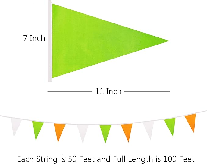 100 Ft White Green Orange Pennant Banner Flag, 60 Pcs String Hanging DIY Bunting Flags for Party, School, Birthday, Wedding, Carnival, Celebrations, Outdoor and Indoor Decorations (White Green Orange)