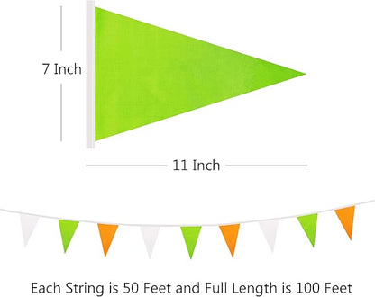 100 Ft White Green Orange Pennant Banner Flag, 60 Pcs String Hanging DIY Bunting Flags for Party, School, Birthday, Wedding, Carnival, Celebrations, Outdoor and Indoor Decorations (White Green Orange)