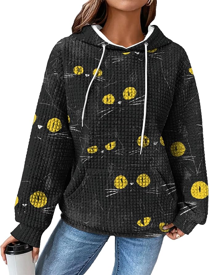 Halloween Sweatshirts for Women Novelty Graphic Drawstring Waffle Hoodies Loose Casual Pullover Tops with Pocket