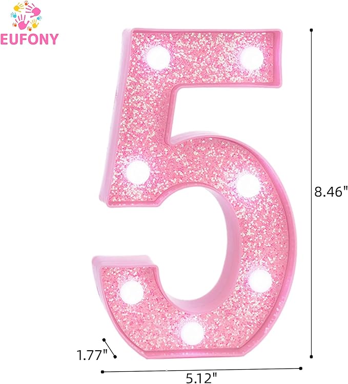 Pink LED Light Up Marquee Numbers, Glitter Lighted Numbers Sign Battery Operated for Girls 5th 15th Birthday Party Decorations, 2025 Graduation Prom Decor, Pink Number 5 with Cool White Lights