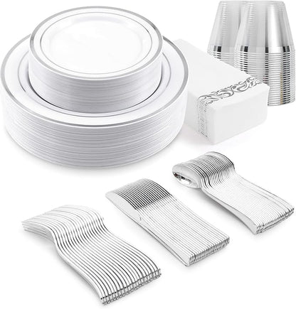 350-Piece Silver Rim Plastic Dinnerware Set for 50 Guests, Elegant Disposable Dinnerware for Party, Wedding. Includes Dinner Plates, Dessert Plates, Silverware, Napkins, Cups