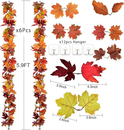 DearHouse 6 Pack Fall Garland Maple Leaf Clearance, 5.9Ft/Piece Hanging Vine Artificial Autumn Garland Thanksgiving Decor for Home Wedding Fireplace Party Christmas (Brown)