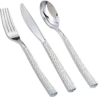 Supernal 360pcs Silver Plastic Cutlery,Elegant Plastic Silverware,Silver Hammed Silverware,Disposable Flatware,Include 120 Forks,120 Knvies,120 Spoons,Perfect for Birthday,Party,Wedding