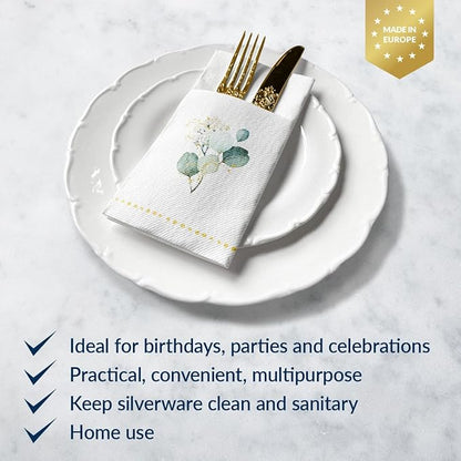 PAW - Linen Feel Napkins with Built-in Flatware Pocket, Airlaid Paper Pre-Folded Napkins for Silverware, Wedding Party, Dinner, Birthday, Gatherings, Golden Eucalyptus Design, 50 Count