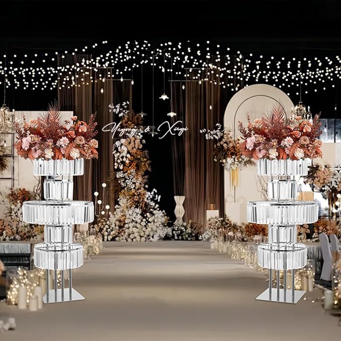 5-Tier Crystal Vase for Table Centerpiece, Large Wedding Decor Flower Stand, Metal Chandelier Stand with Crystal Pendants, Elegant Flower Display Rack for Party Event Home Wedding Decoration (Silver)