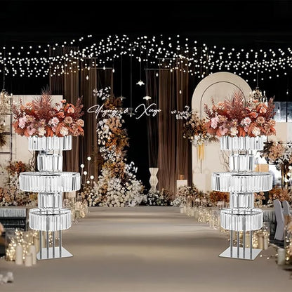5-Tier Crystal Vase for Table Centerpiece, Large Wedding Decor Flower Stand, Metal Chandelier Stand with Crystal Pendants, Elegant Flower Display Rack for Party Event Home Wedding Decoration (Silver)
