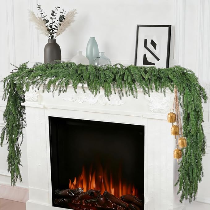 18FT 2 Pcs 9 Ft Artificial Norfolk Christmas Garlands, Relistic Winter Pine Garland, Green Artificial Greenery Garland for Mantle,Table, Wall, Fireplace,Indoor, Outdoor Christmas Holiday Decorations