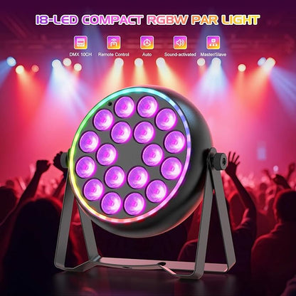 RGBW Par Light with Halo Ring Stage Light, Sound Active Uplight for Party & DJ DMX512 & Remote Control for Wedding and Strobe Light