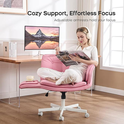 Criss Cross Chair with Armrests & Wheels, PU Leather Vanity Chair, Comfortable Adjustable Swivel Computer Office Desk Chairs for Home, Make Up, Bed Room (Pink)
