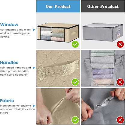 HomeHacks Storage 8-Pack Clothes Organizer Storage Bags Foldable Storage Box with Large Clear Window Sturdy Handles for Closet, Dorm, Pillows, Bedding, Clothes, Blankets, 35L, Beige