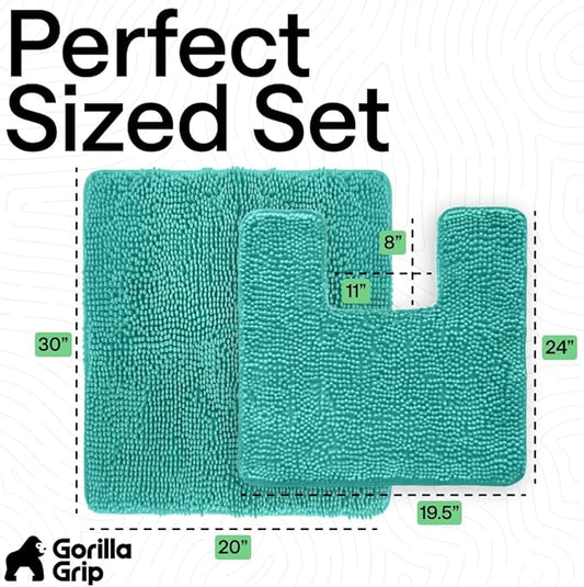 GORILLA GRIP Bathroom Rug Sets, Soft Chenille 2 Piece Area Rugs Set, Toilet Base Mat and 30x20 Carpet, Absorbent Microfiber Washable Mats Dry Quickly, Home Décor and Bath Room Accessories, Turquoise