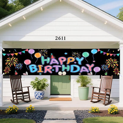 Nuxovilar Happy Birthday Banner Decorations 17.72x78.74 Inch Colorful Fireworks Theme - Polyester for Indoor Outdoor Birthday Party Decor