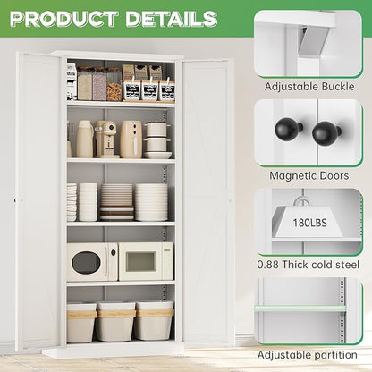 INTERGREAT Metal Storage Cabinet with Magnetic Doors, 63" H Traditional European Style Metal Cabinets with 2 Doors and 4 Adjustable Shelves for Home Office, Kitchen, Bathroom (White)