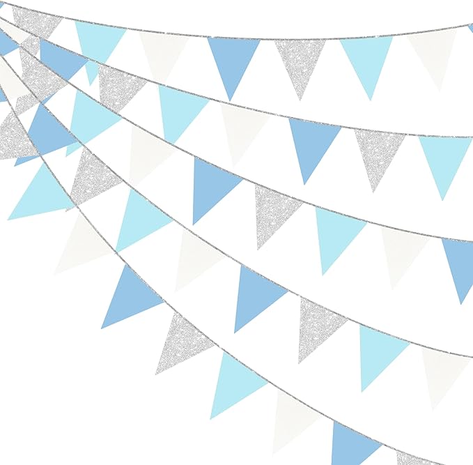 Dusty Blue Silver White Party Decorations Pennant Banner Flag Hanging Glitter Triangle Bunting for Birthday Baby Shower Graduation Bridal Shower Wedding Engagement Nautical Ahoy Achor Party Supplies