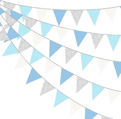 Dusty Blue Silver White Party Decorations Pennant Banner Flag Hanging Glitter Triangle Bunting for Birthday Baby Shower Graduation Bridal Shower Wedding Engagement Nautical Ahoy Achor Party Supplies