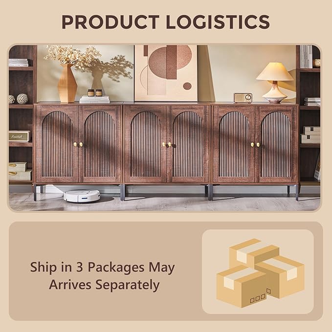 Modern Buffet Cabinet with Storage, 92.63" W Fluted Arched Sideboard Cabinet w/Adjustable Shelves, Wooden Modular Coffee Bar for Dining Room, Kitchen, Living Room, Entryway, Brown