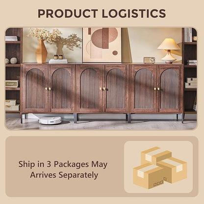Modern Buffet Cabinet with Storage, 92.63" W Fluted Arched Sideboard Cabinet w/Adjustable Shelves, Wooden Modular Coffee Bar for Dining Room, Kitchen, Living Room, Entryway, Brown