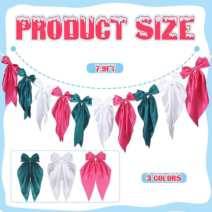 VitalCozy 1 PCS Christmas Bow Garland Banner, Satin Ribbon Hanging Party Bow Garland Decoration for Holiday Birthday Party Supplies