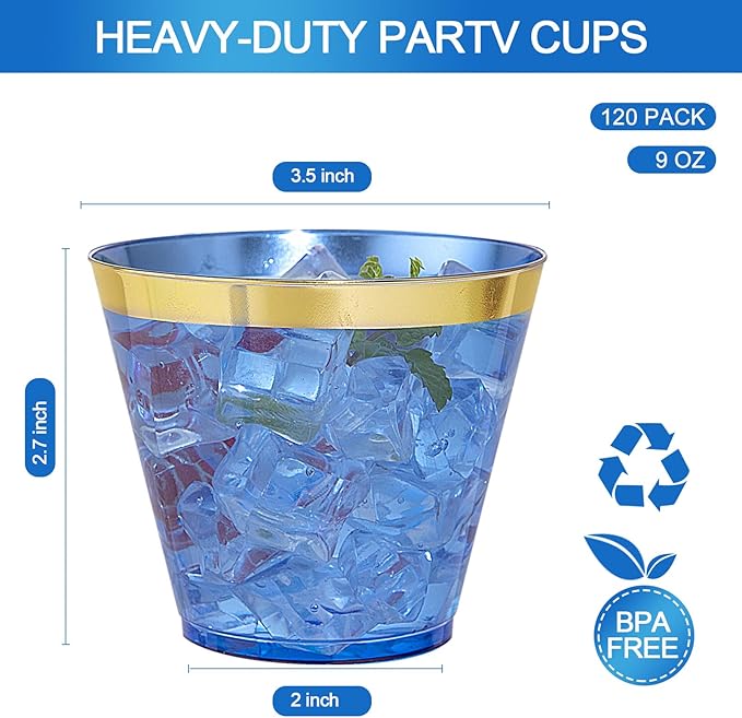 Nervure 240 PCS Blue Plastic Cups - 9Oz Gold Rimmed Plastic Cups - Heavy Duty Disposable Blue Cup with Gold Rim Perfect for Weddings, Receptions & Parties