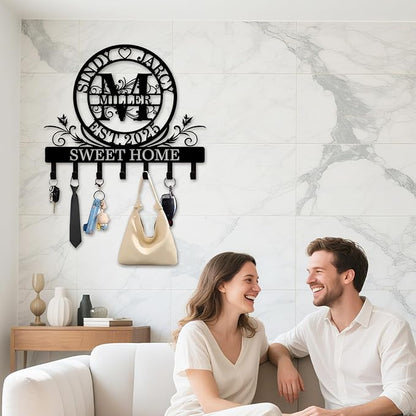 Custom Key Holder for Wall, Personalized Key Rack Wall Mount with Monogram Design, Key Rack Holder Wall Mount for Living Room Bedroom, Housewarming Wedding Gift (02-Monogram)