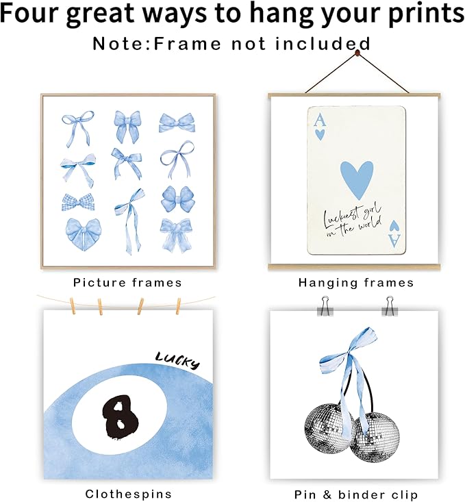 okaxscm Light Blue Coquette Trendy Preppy Wall Art Prints Set of 4, Coquette Preppy Room Decor, Blue Bow Disco 8 Ball Cherry Wall Decor Posters for Girls Bedroom Dorm, 10x10 Unframed