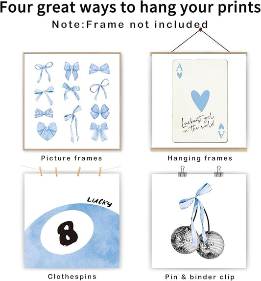 okaxscm Light Blue Coquette Trendy Preppy Wall Art Prints Set of 4, Coquette Preppy Room Decor, Blue Bow Disco 8 Ball Cherry Wall Decor Posters for Girls Bedroom Dorm, 10x10 Unframed