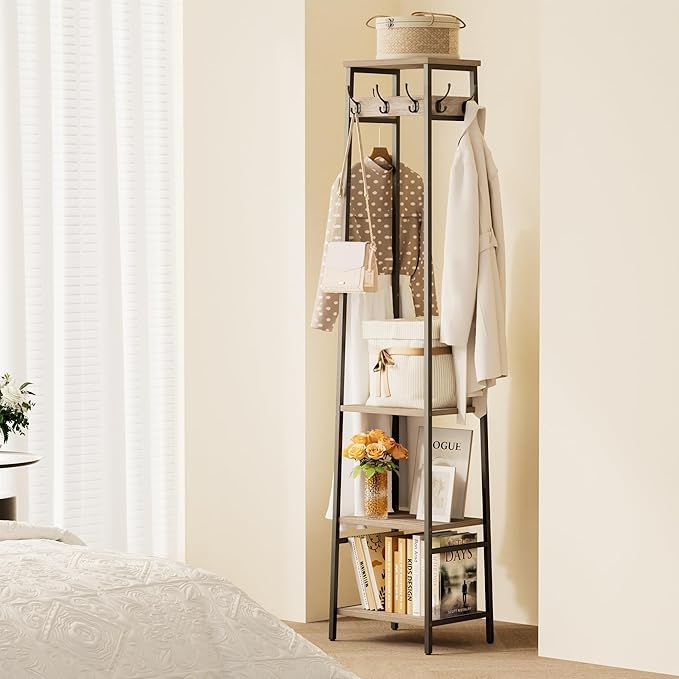 Coat Rack Freestanding, Coat Stand with 3 Shelves and 7 Hooks, Hall Tree Free Standing, Clothes Rack Stand Organizer, Industrial Style, Greige and Black