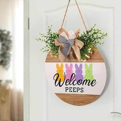 Harooni Easter Decorations Welcome Peeps Door Sign, Cute Bunny Easter Wreaths for Front Door Farmhouse Spring Door Hanger Wooden Wreath Sign with Bow Easter Porch Decorations for Home Yard Garden