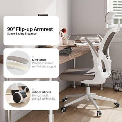 Office Chair Ergonomic Desk Chair with Lumbar Support&Headrest&Flip-up Arms Height Adjustable Rocking Swivel High Computer Chair Multi-Angle from 90° to 125° with 350LBS Capacity(White+Khaki-2)