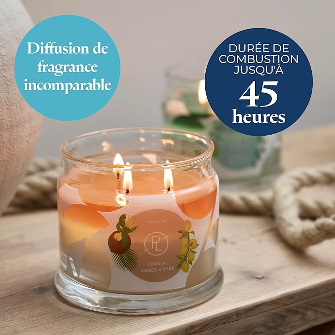 PartyLite Coastal Amber & Shea Scented, Notes of Ylang Flower, Citron, Sweet Coconut & Amber Creme, 13.2oz 3-Wick Jar Candle, 45 Hour Burn Time, Luxurious Fragrance, Ideal for Gifting