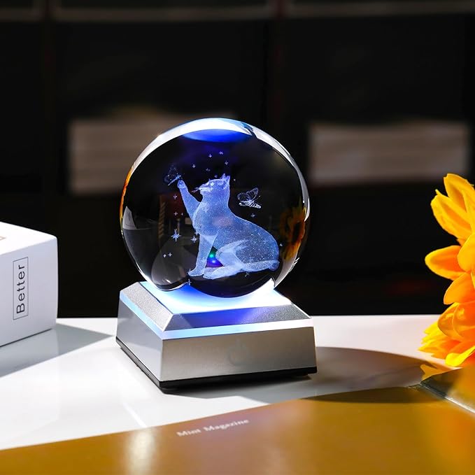 Ornalrist 3.15" Crystal Ball Engraved 3D Cat with Butterfly Figurine Collectible Paperweight with LED Base, Glass Sphere Cat Lover Gifts for Women Men Home Decor