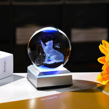 Ornalrist 3.15" Crystal Ball Engraved 3D Cat with Butterfly Figurine Collectible Paperweight with LED Base, Glass Sphere Cat Lover Gifts for Women Men Home Decor