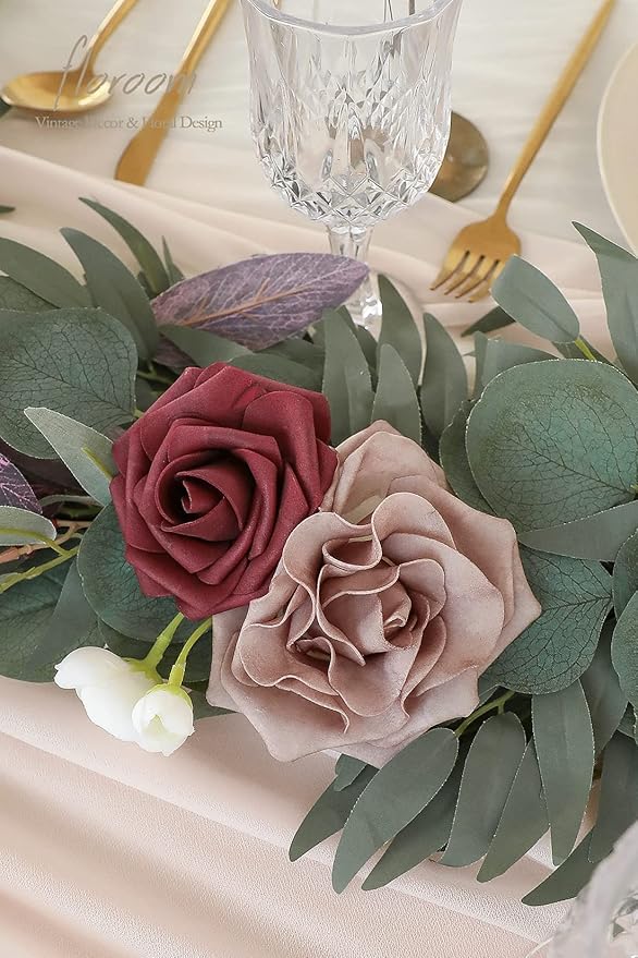 Floroom 6ft Artificial Eucalyptus Garland with Flowers Fake Greenery Faux Floral Vine Garland for Table Decor Wedding Centerpieces Bridal Shower Party Decorations, Dusty Rose & Mauve