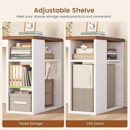 SEDETA Farmhouse 67" L Shaped Desk with 3 Drawers, White Corner Computer Desk with Storage Shelves, Home Office Desks with Power Outlets，Executive Desk for Home Office, White and Brown