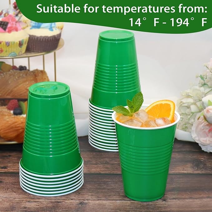 200 Count Green Plastic Cups - Green Disposable Cups for Party Birthday Picnics Christmas (16 oz)