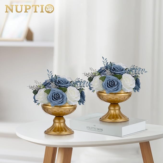 NUPTIO Flower Ball Centerpieces for Tables: Dusty Blue & White Artificial Rose Fake Floral Arrangement for Wedding Party Centerpiece Decorations 9.4 Inch Diameter 2 Pcs